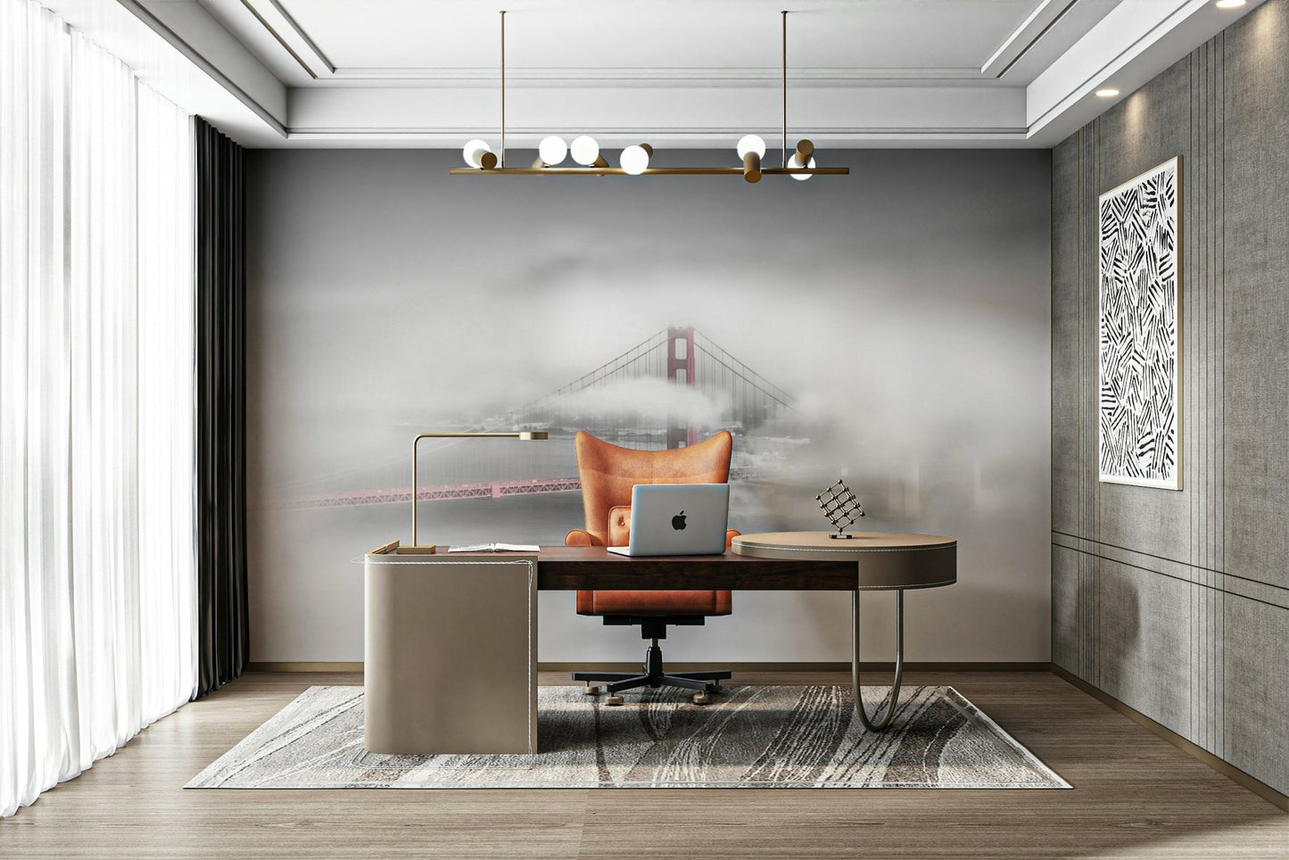 Artistic Golden Gate Bridge in fog wall mural design.

