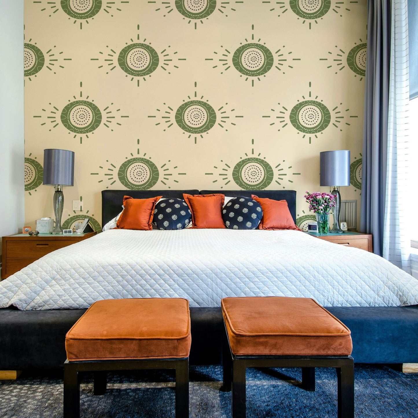 Clean lines and nature-inspired motifs in olive and cream

