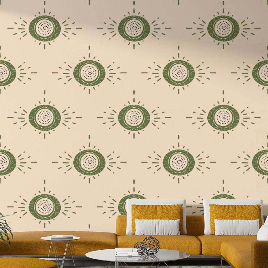 Elegant mid-century modern floral wallpaper with olive and cream tones

