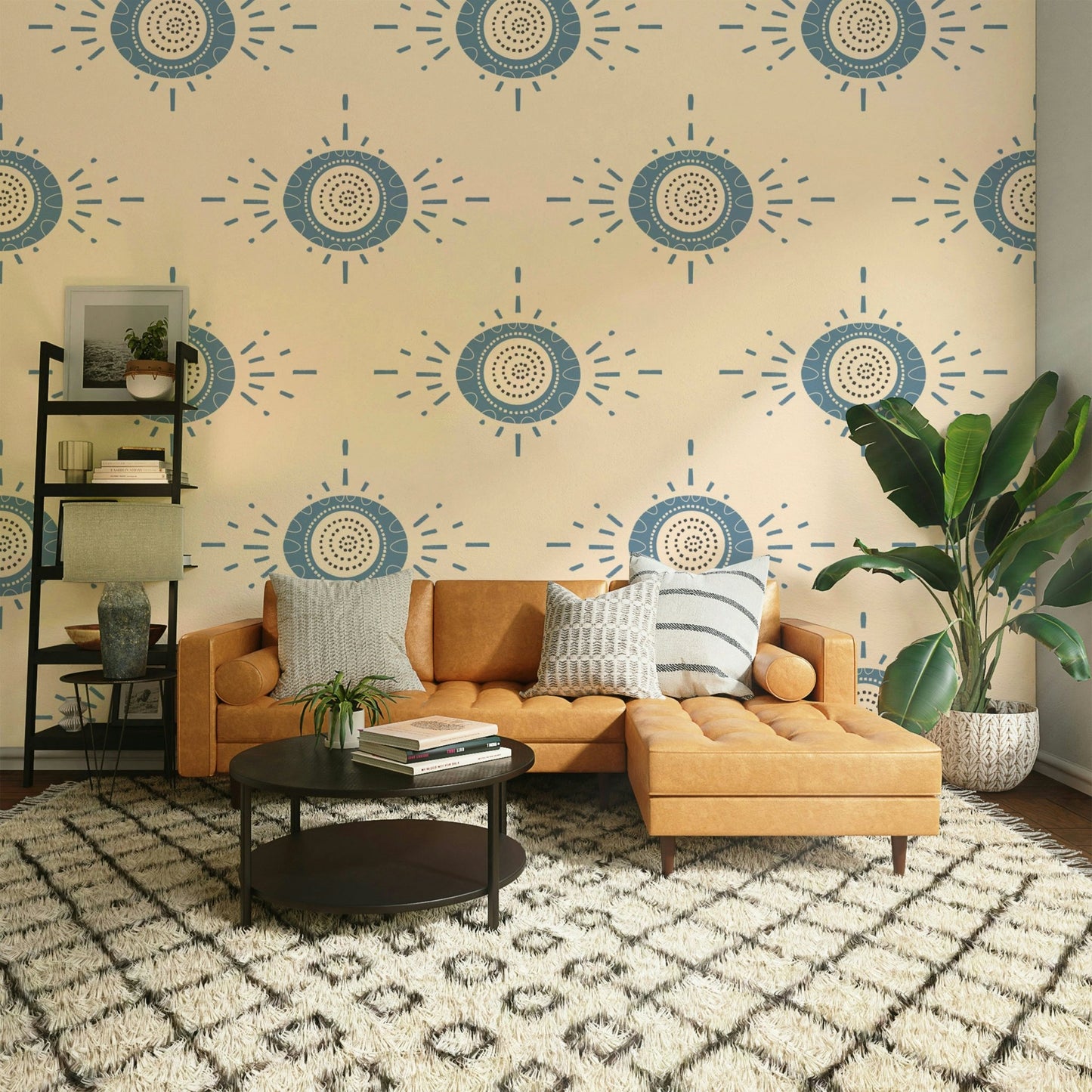 Retro inspired blue floral wallpaper for a flat entryway.