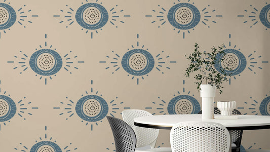 Folk Bloom Light Dusty Blue Cream Scandinavian Mid Mod Floral Wallpaper in a stylish flat lounge.