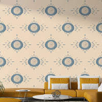 Mid Mod floral pattern wallpaper on a feature wall in a dining room.