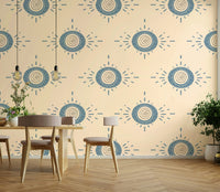 Symmetrical floral pattern in dusty blue and cream for a kitchen breakfast nook wallpaper.