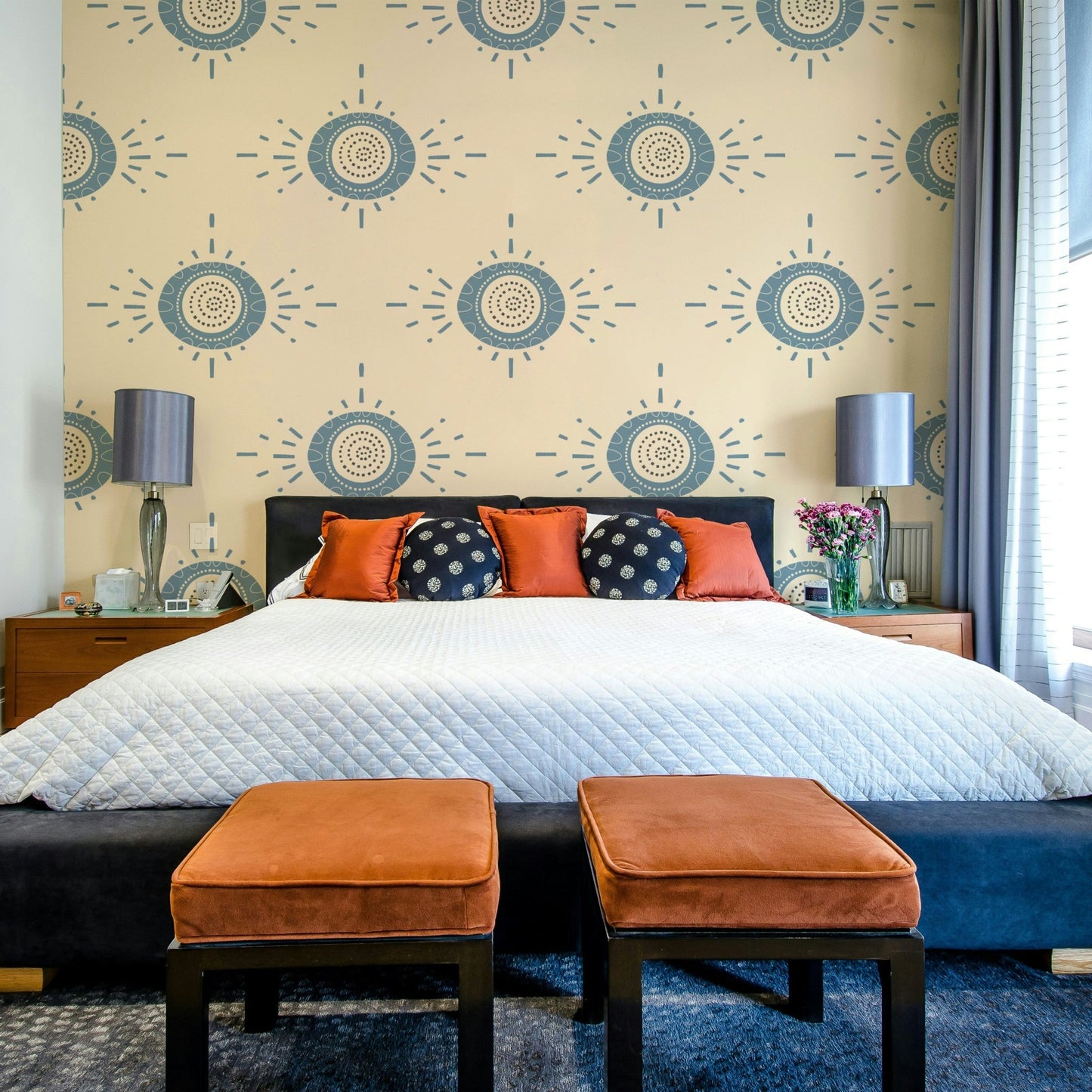 Light blue Folk Bloom wallpaper in a bright flat hallway.
