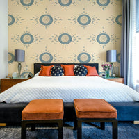 Light blue Folk Bloom wallpaper in a bright flat hallway.