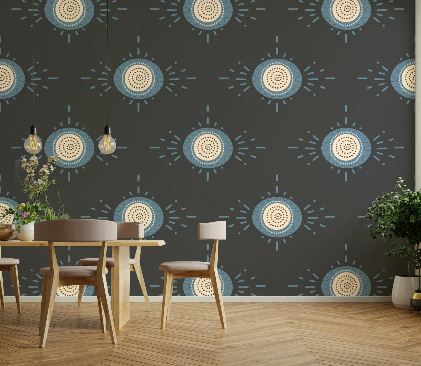 Folk Bloom Light Dusty Blue Cream wallpaper for a tranquil, stylish look

