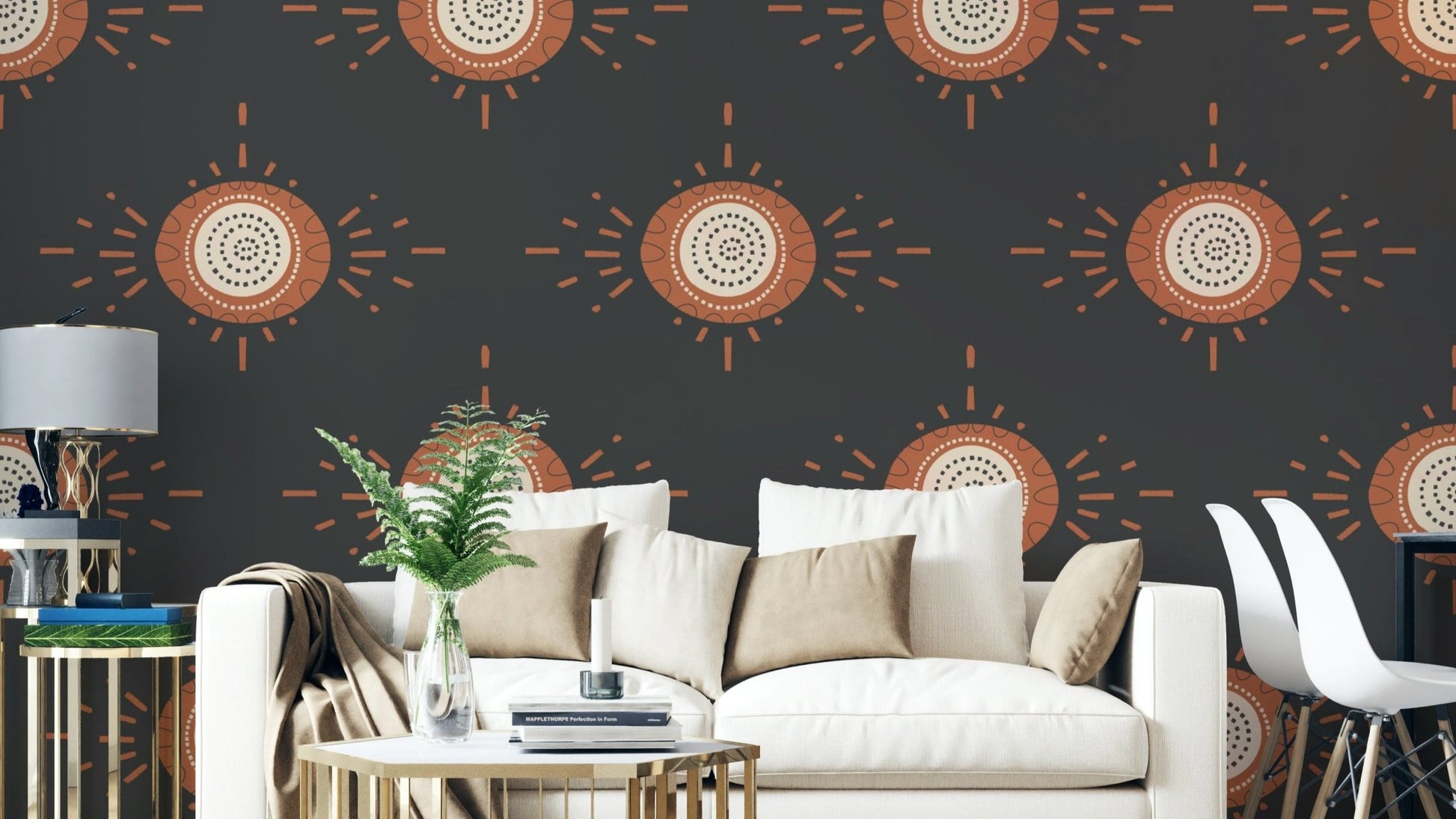 Folk Bloom Light Terracotta Charcoal Wallpaper with geometric floral motifs

