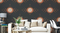 Folk Bloom Light Terracotta Charcoal Wallpaper with geometric floral motifs

