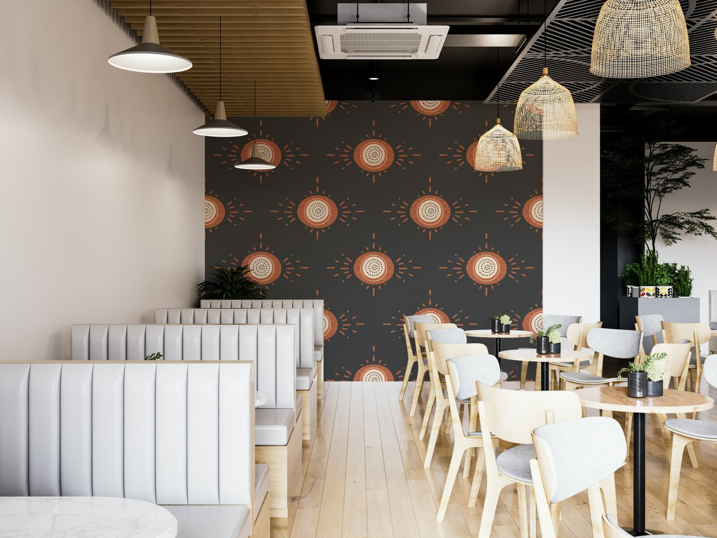 Nature-inspired geometric floral design in terracotta and charcoal

