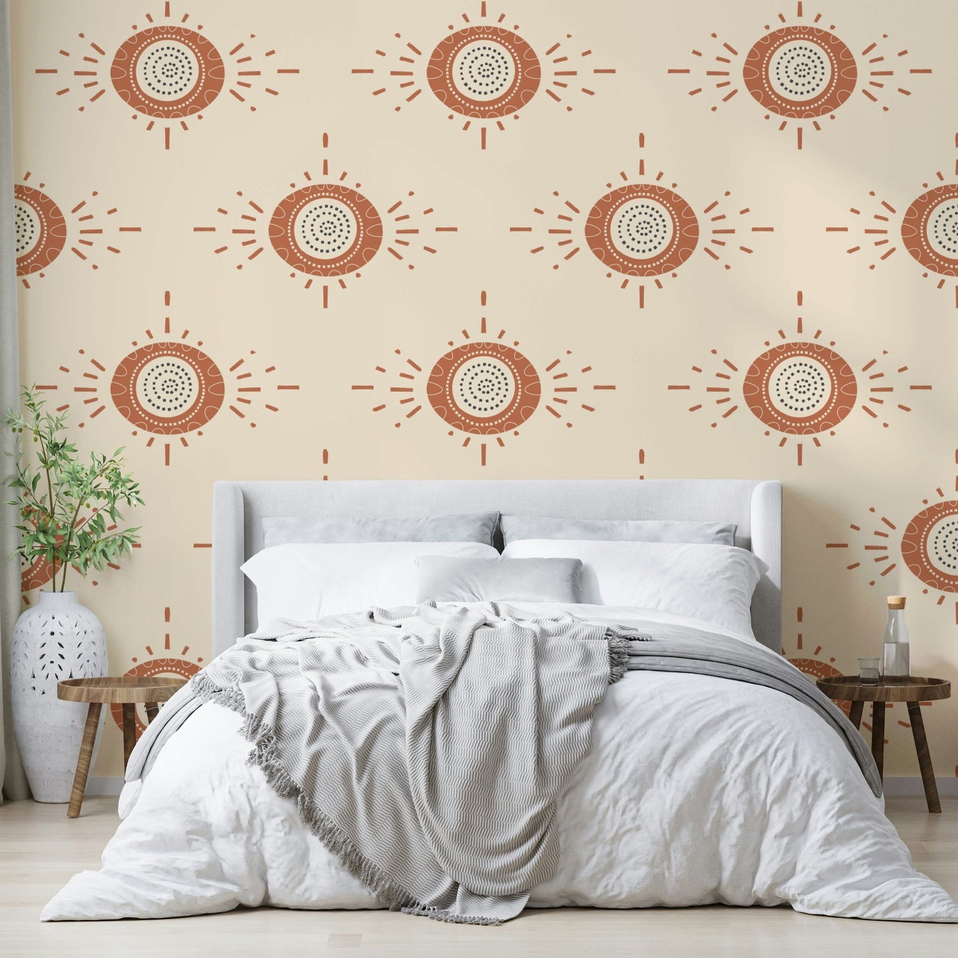 Elegant mid-century modern floral wallpaper with a warm color palette

