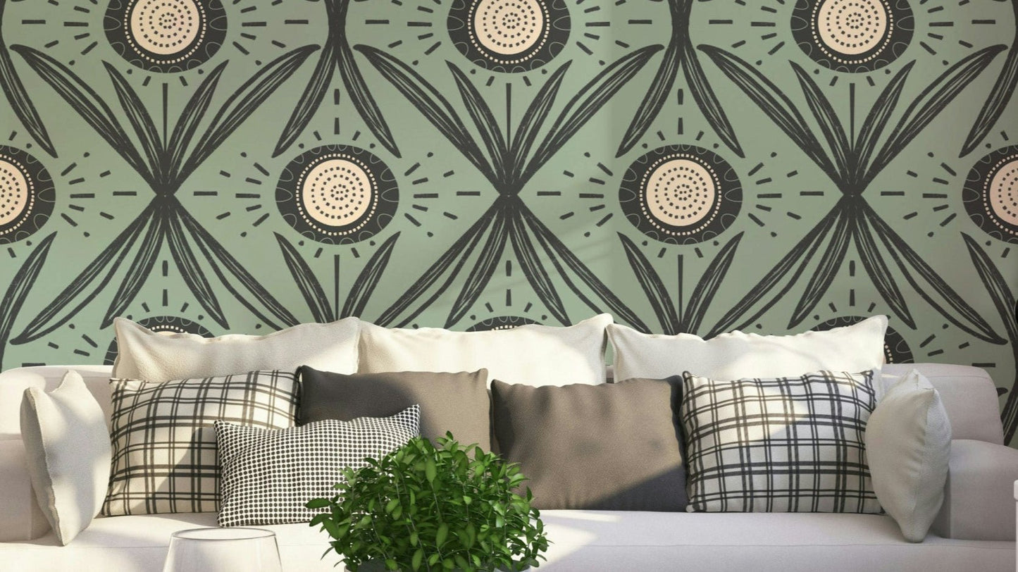 Folk Bloom Radiance Charcoal Sage wallpaper design
