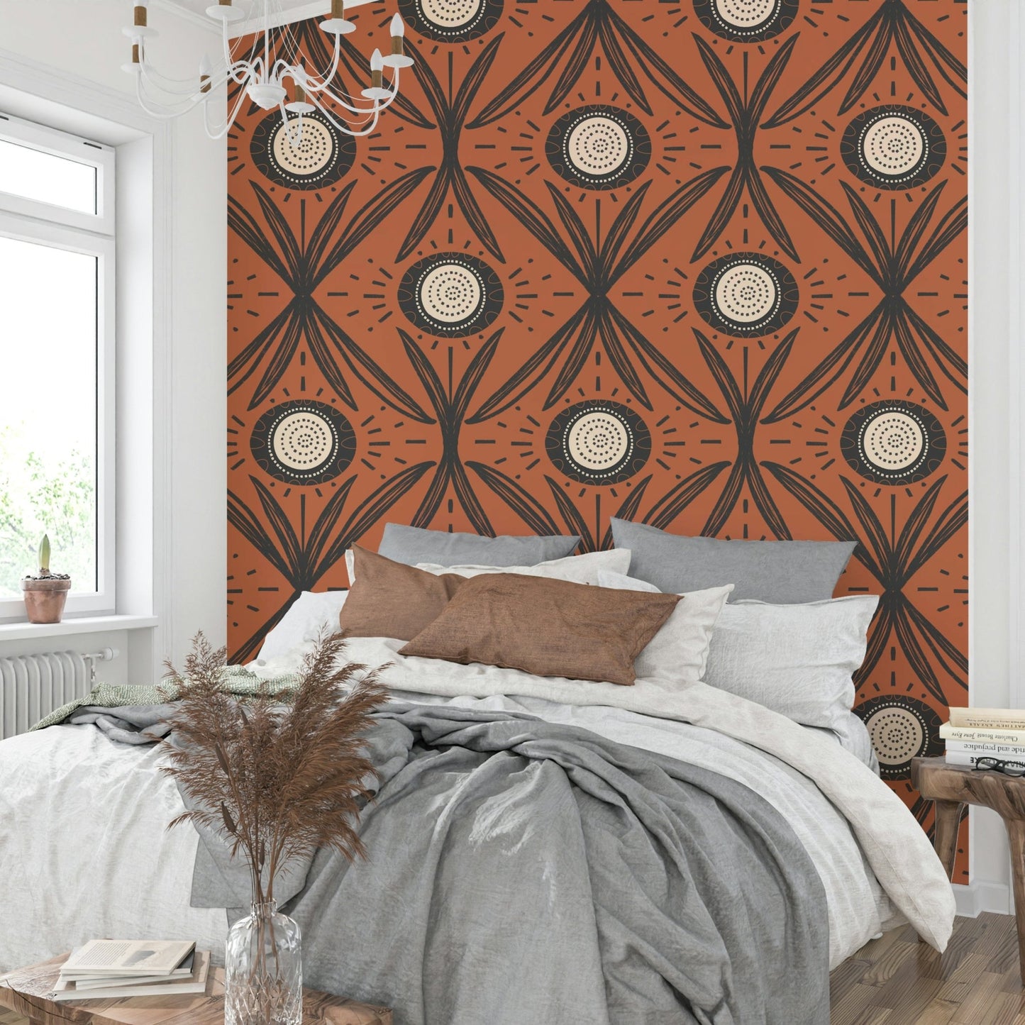 Wallpaper mural with earthy floral contrast
