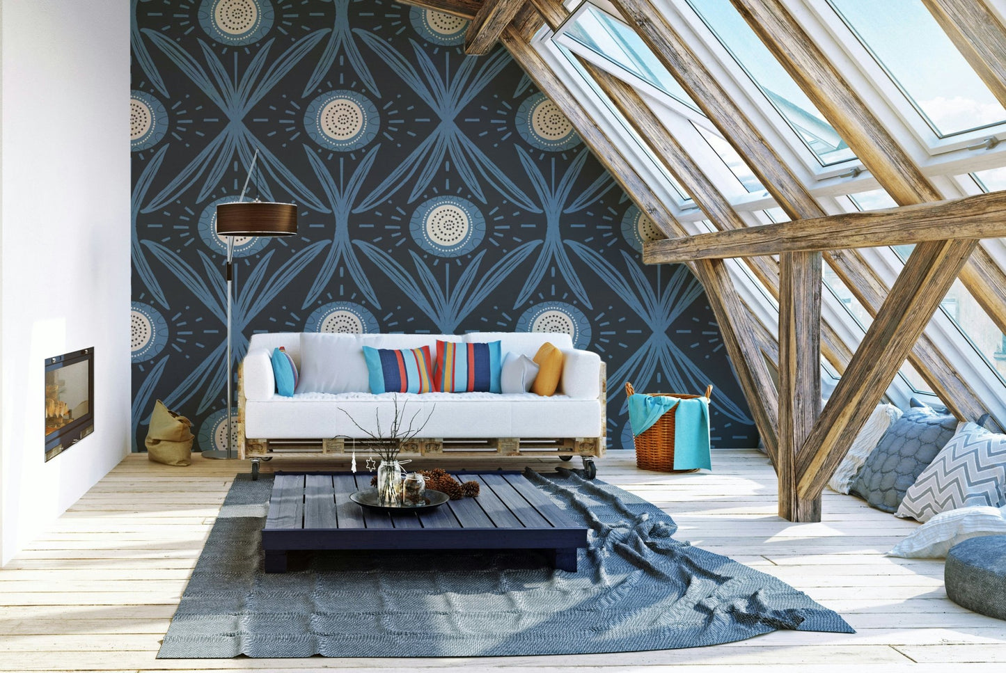 Retro floral mural with dusty blue flowers
