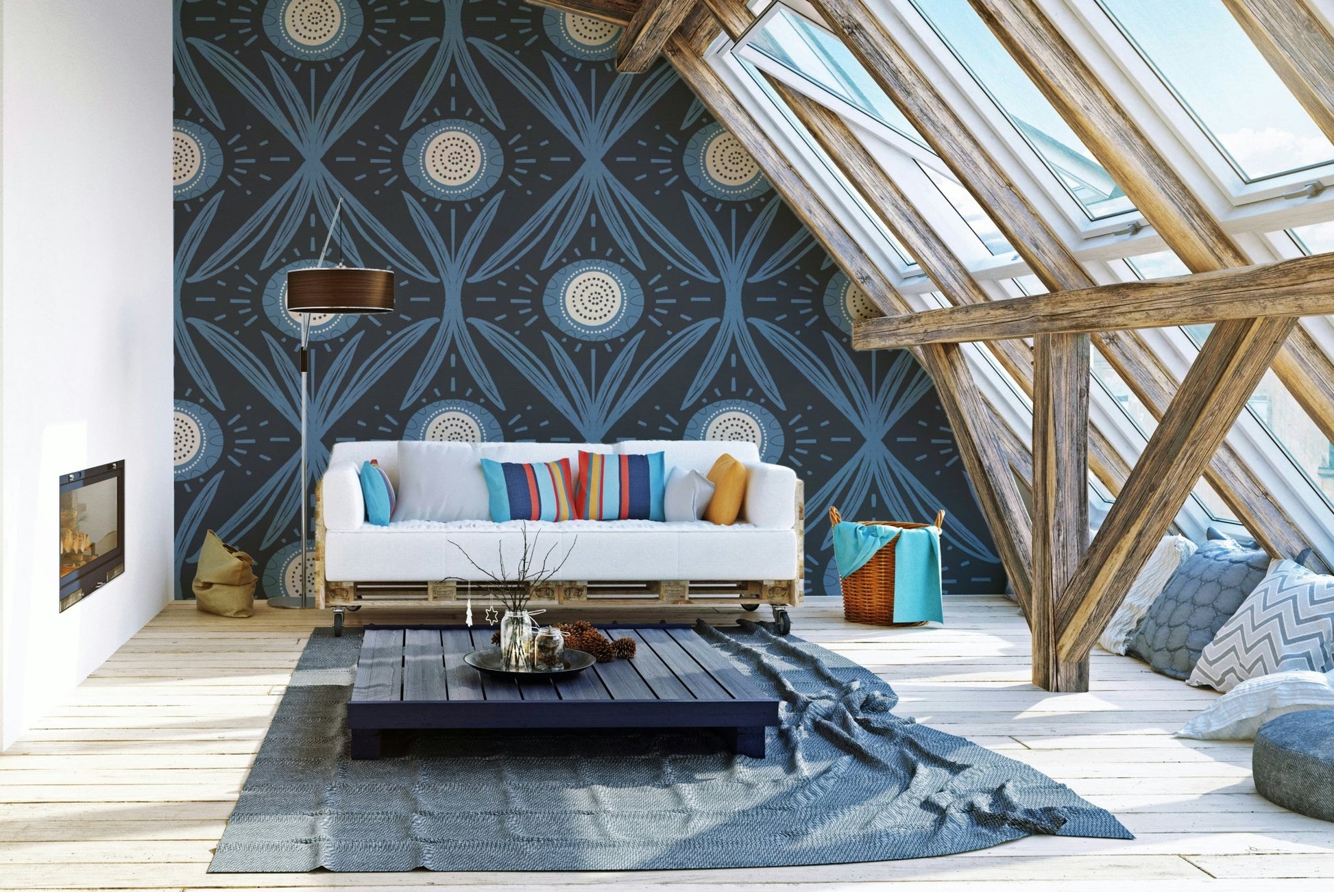 Retro floral mural with dusty blue flowers
