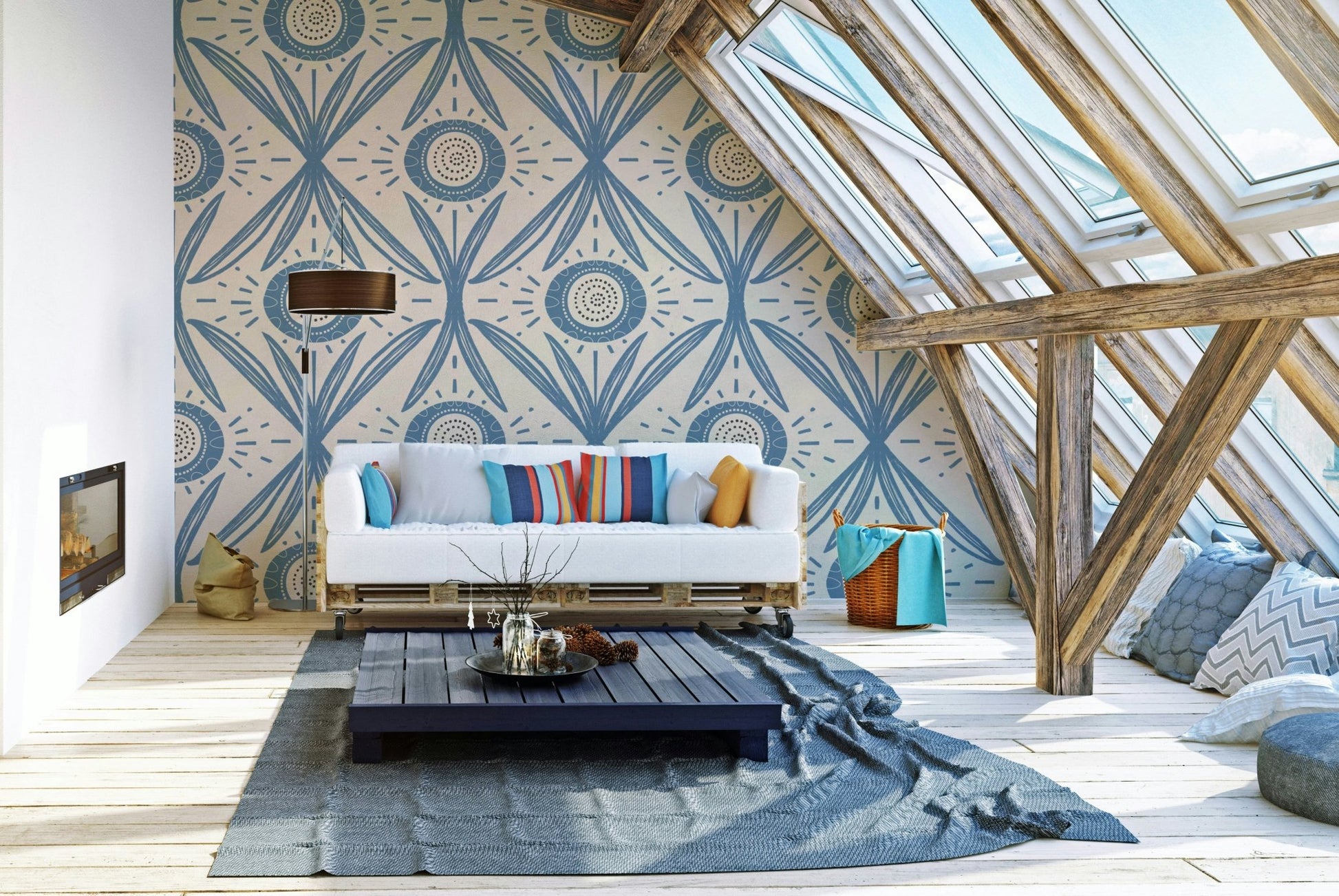 Stylized flower mural with vintage flair
