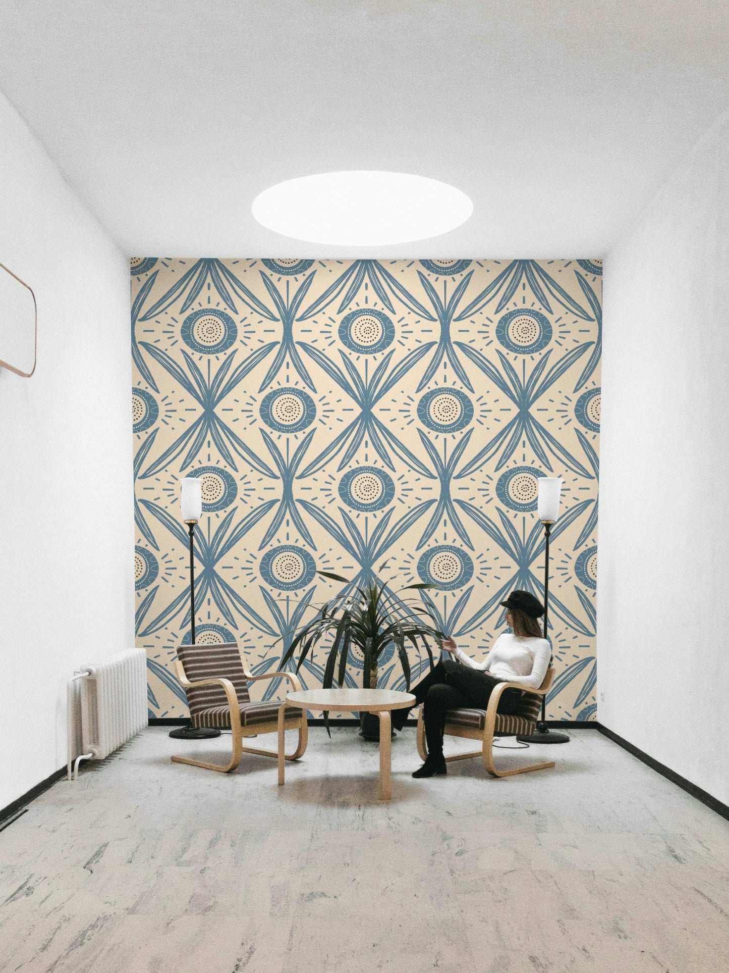 Dusty blue folk-inspired wallpaper for walls
