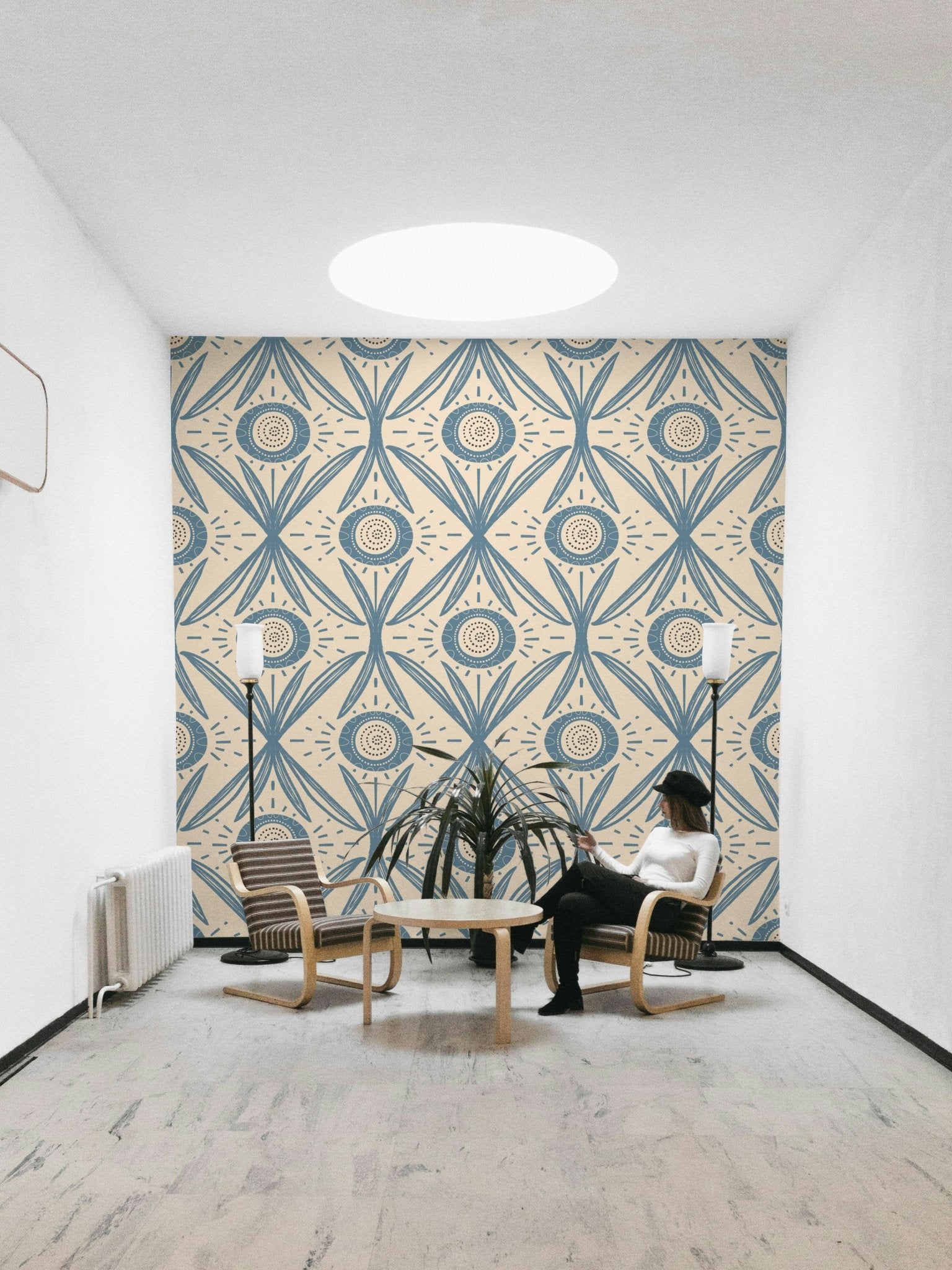 Dusty blue folk-inspired wallpaper for walls
