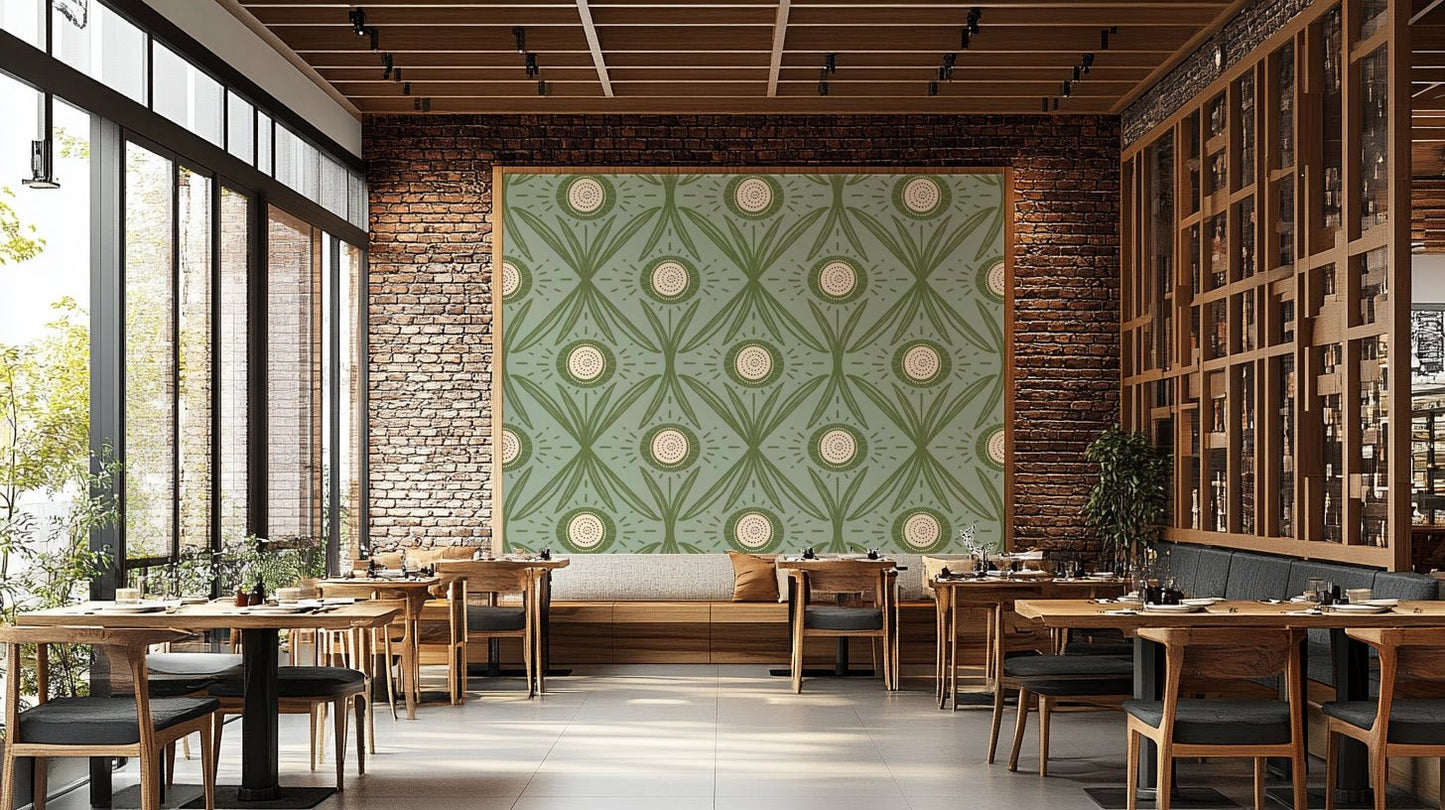 Soft green folk-style floral wallpaper

