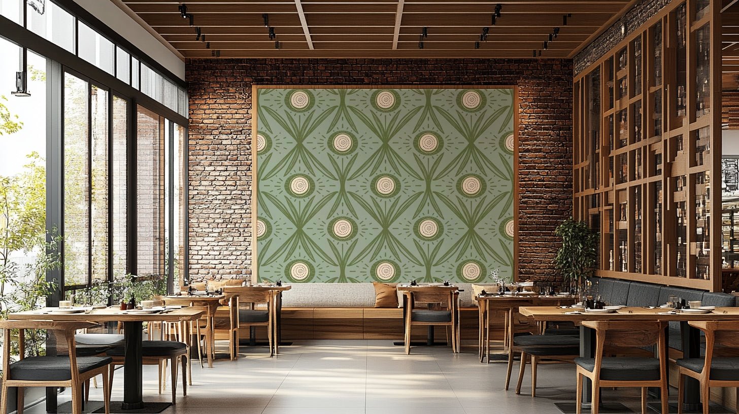 Soft green folk-style floral wallpaper
