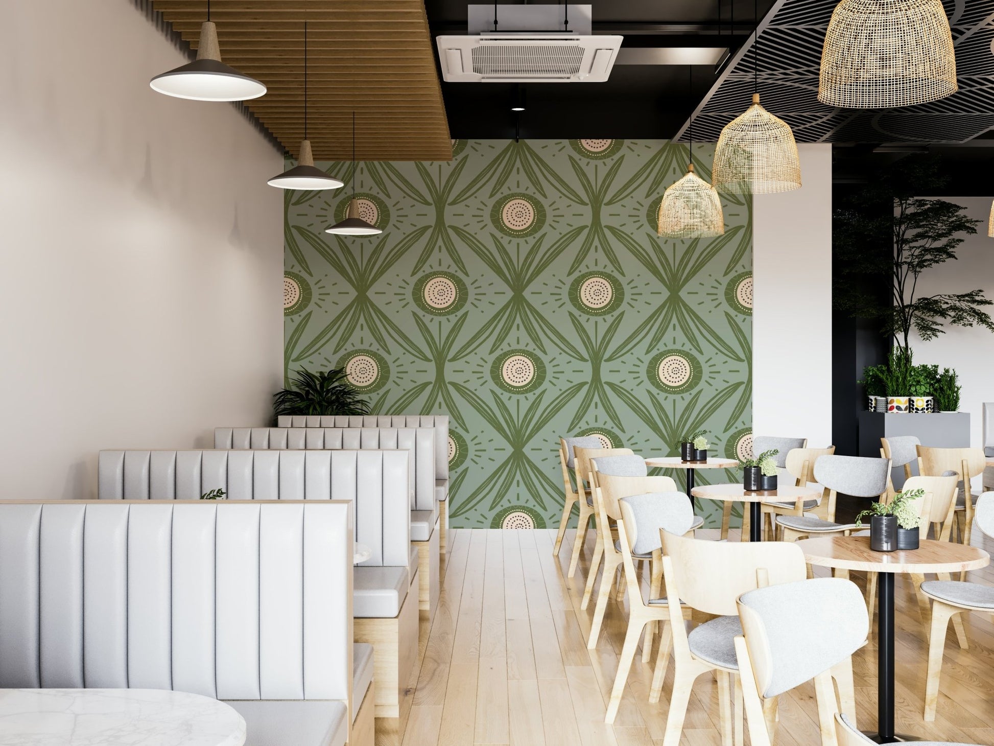 Folk Bloom Radiance Olive Sage wallpaper design
