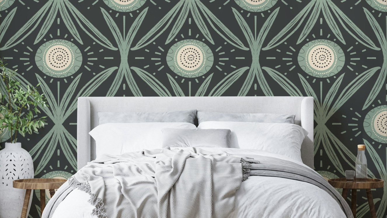 Bold floral mural wallpaper in sage and charcoal

