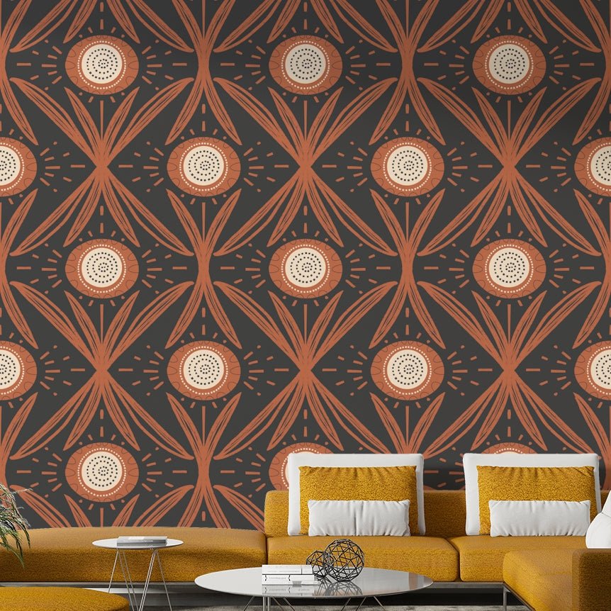 Retro-inspired mural wallpaper with floral elements
