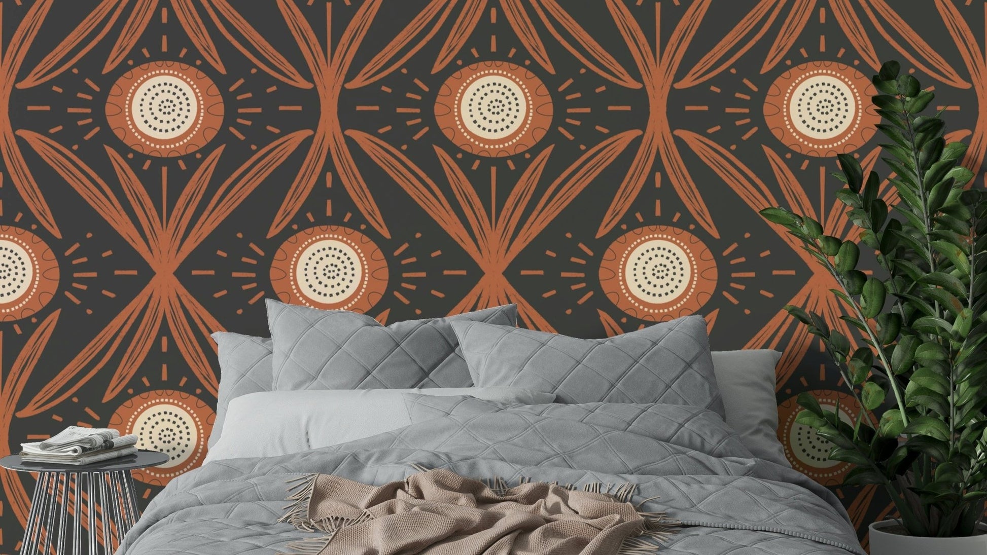 Folk Bloom Radiance Terracotta Charcoal wallpaper design
