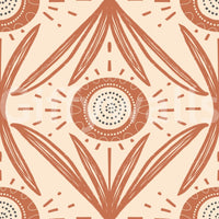 Cottage-style mural wallpaper in warm tones
