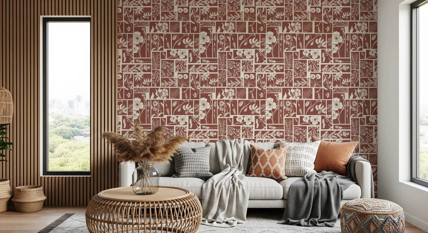 Living room floral wallpaper with folk tilework pattern