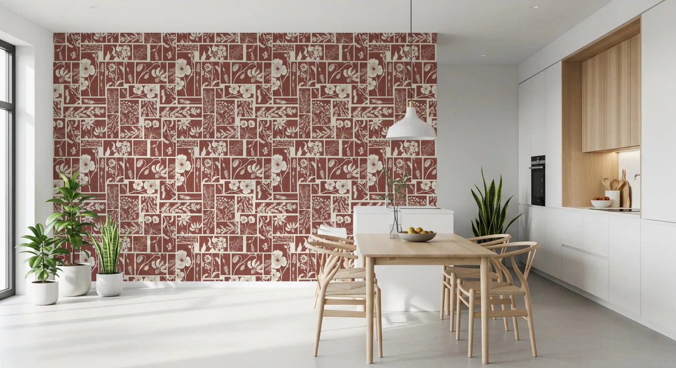 Folk Floral Tilework wallpaper with floral grid pattern
