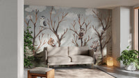 Forest Fall Kids Room wallpaper mural styled along a hallway feature wall near a console in brown tones