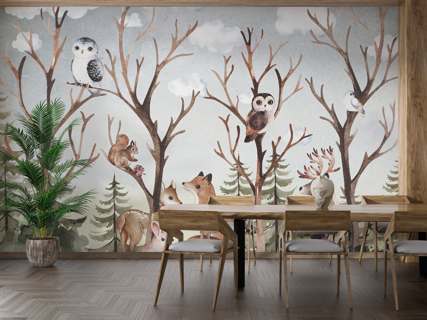 Forest Fall Kids Room wallpaper mural as a feature wall in a home office workspace in brown tones