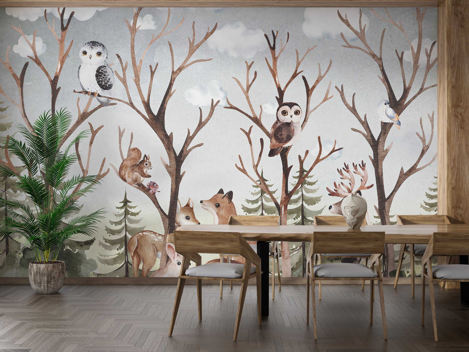 Forest Fall Kids Room wallpaper mural as a feature wall in a home office workspace in brown tones