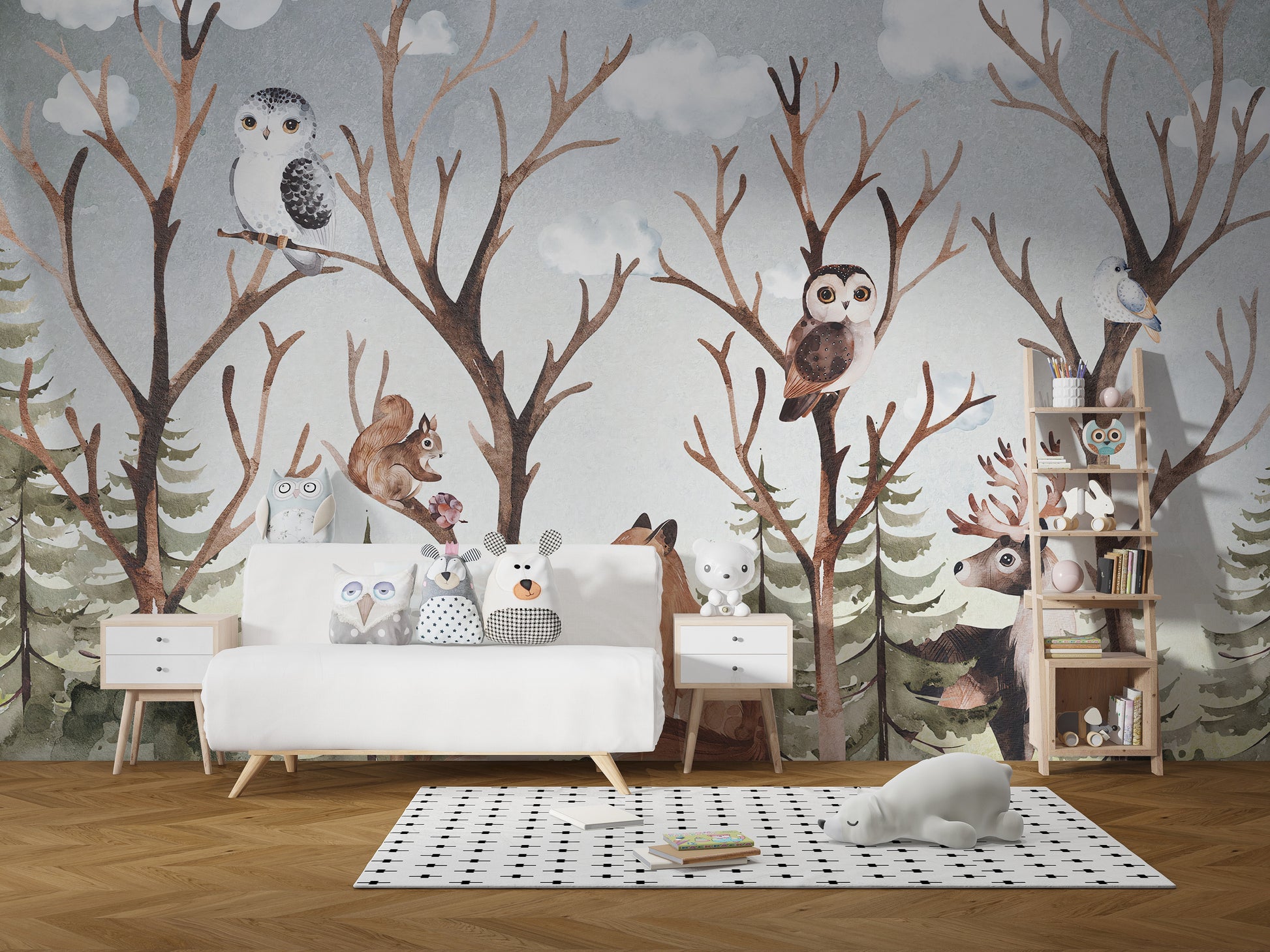 Forest Fall Kids Room wallpaper mural styled as a feature wall behind a dining table and chairs in brown tones