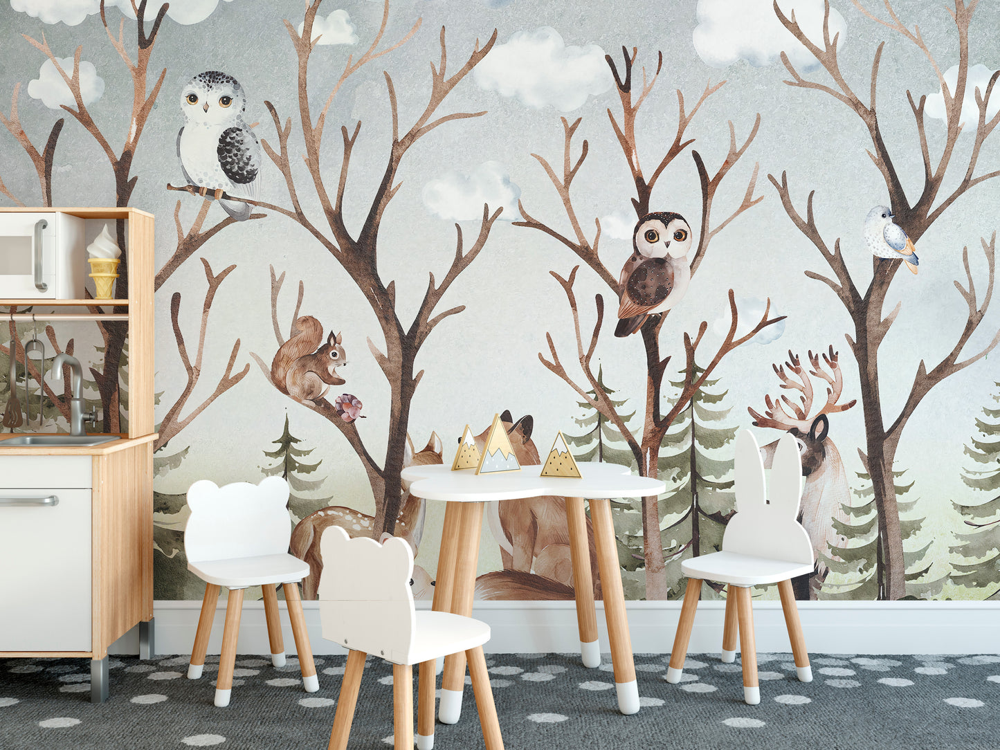 Forest Fall Kids Room wallpaper mural shown as a full feature wall that highlights the design