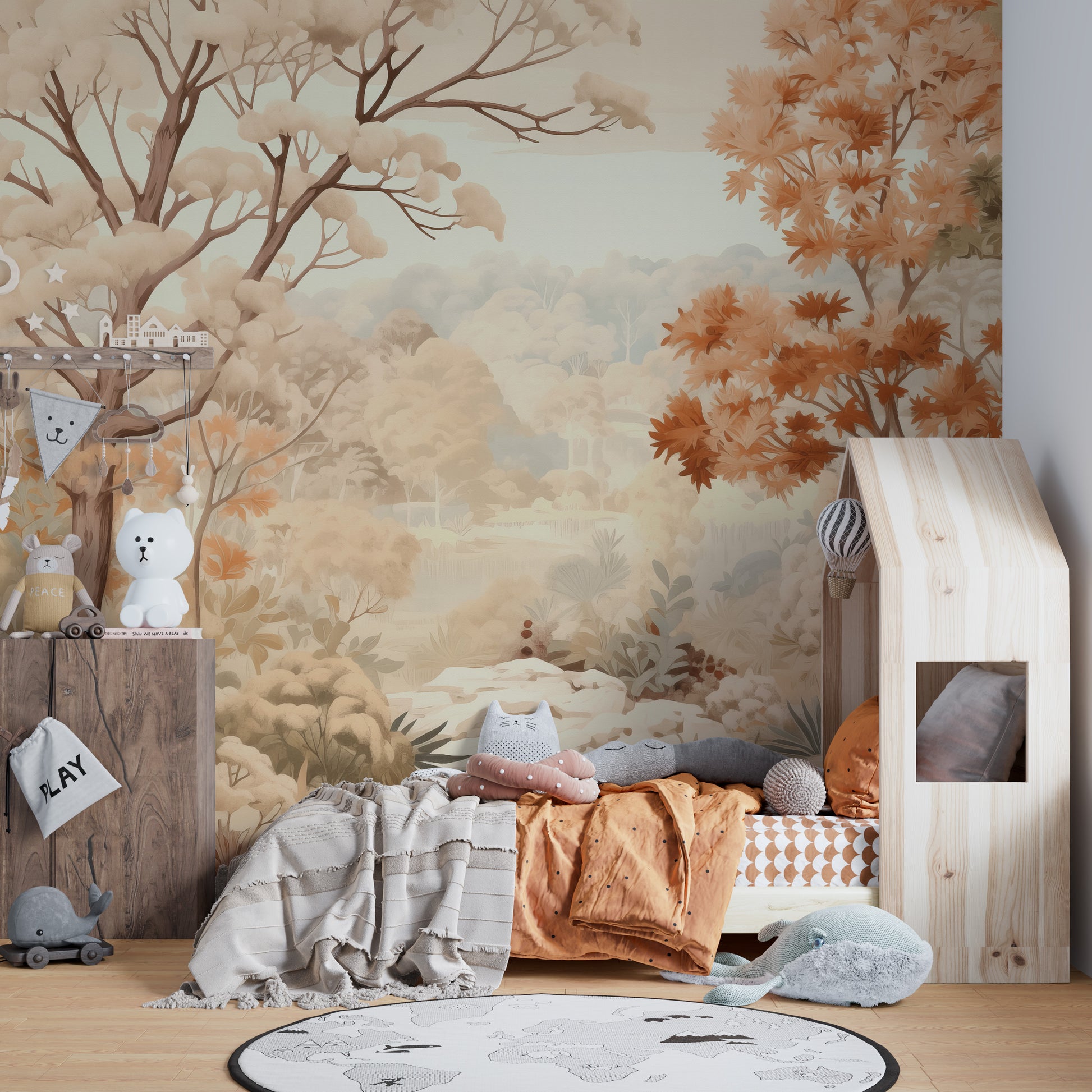 Forest Autumn Watercolor Beige wallpaper of muted woodland behind a house-shaped wood bed in a kids room
