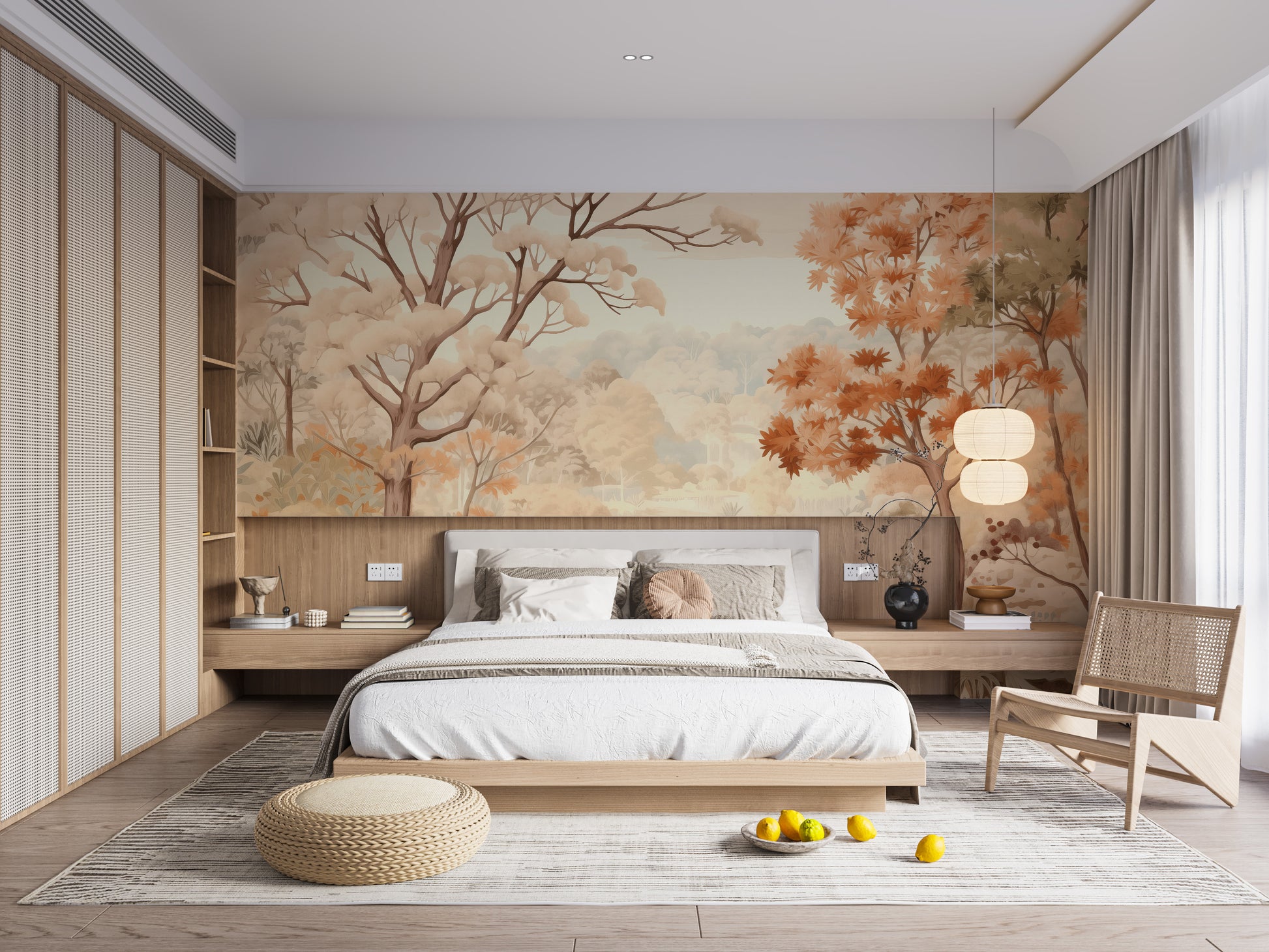 Forest Autumn Watercolor Beige wallpaper of soft autumn trees behind a low wood platform bed and rattan chair