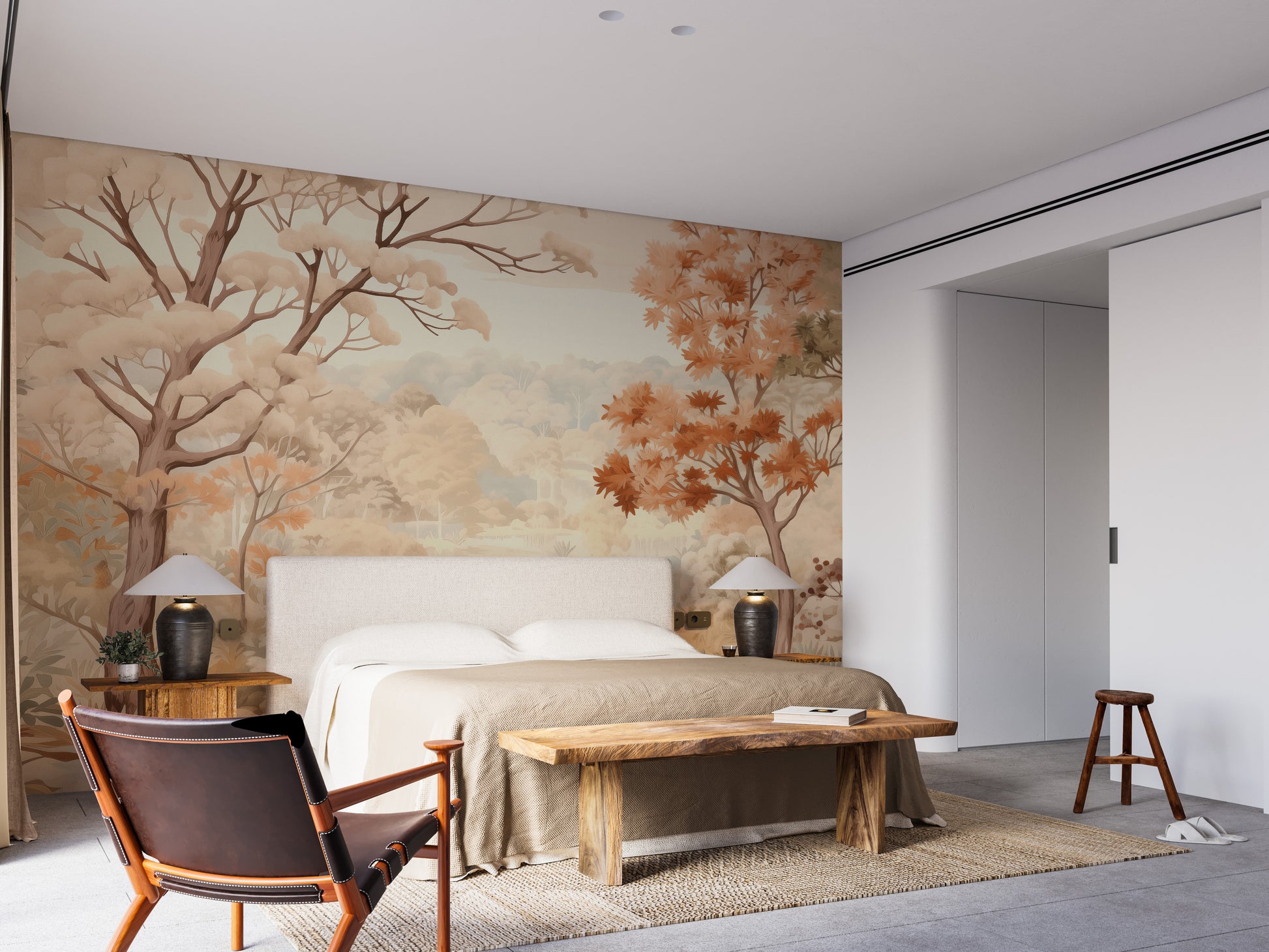 Forest Autumn Watercolor Beige wallpaper of beige and orange trees behind a cream bed and live-edge wood bench