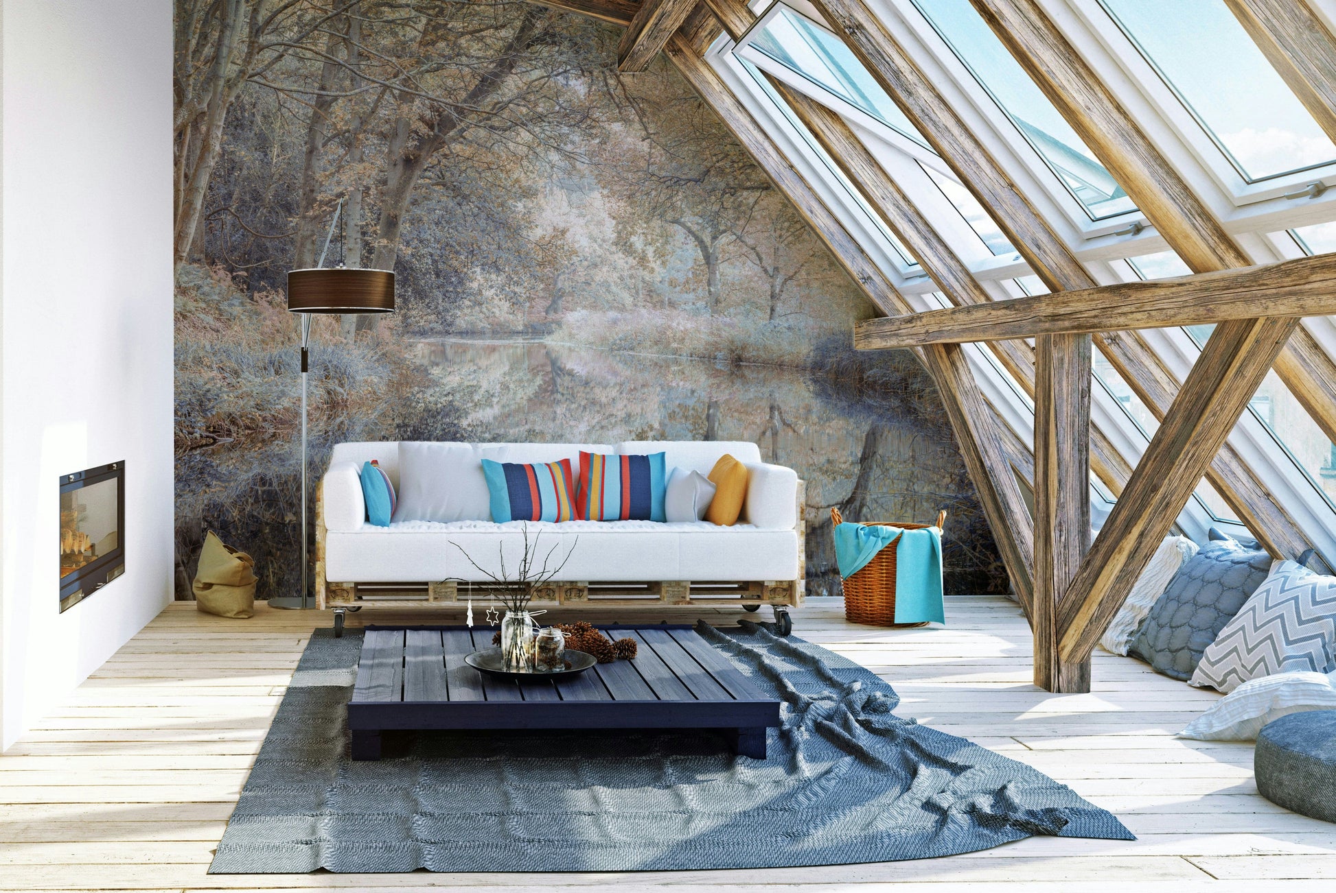 A detail shot of the soft, muted tones in the wallpaper.

