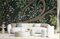 Calm forest scenery mural for yoga space, natural greens, full wall coverage