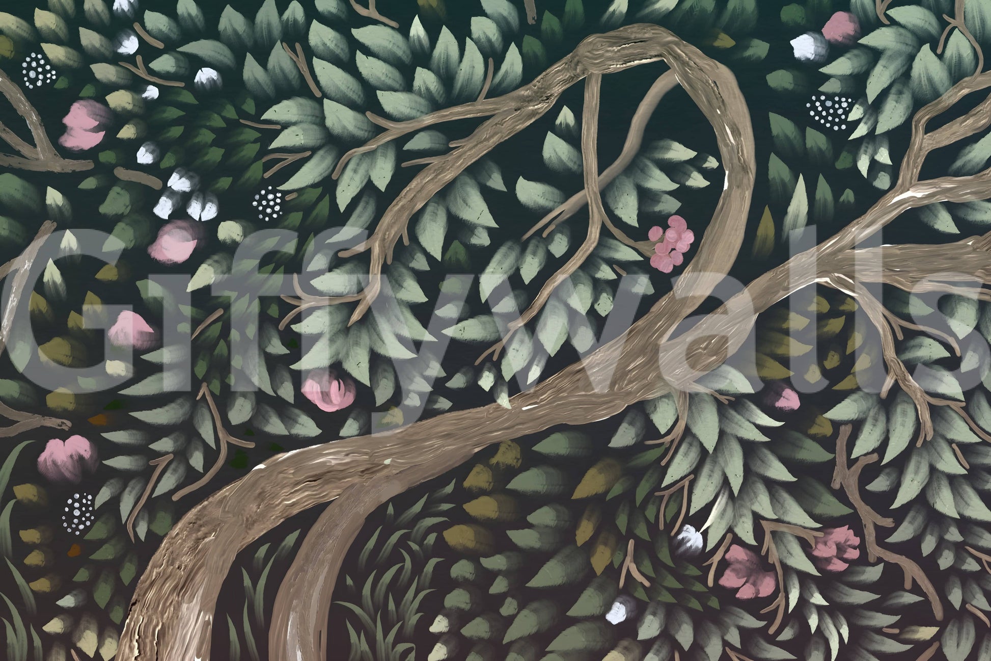 Forest mural for entryway, natural trees backdrop, clean home styling