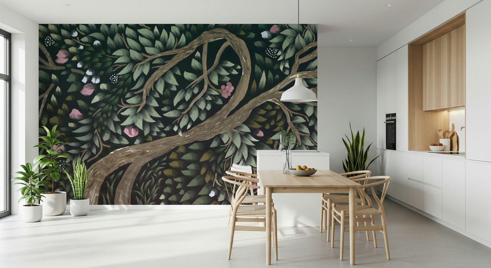 Evergreen forest wallpaper mural for home office, clean modern style, green tones