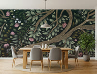 Forest landscape mural for hallway, soft light through trees, feature wall