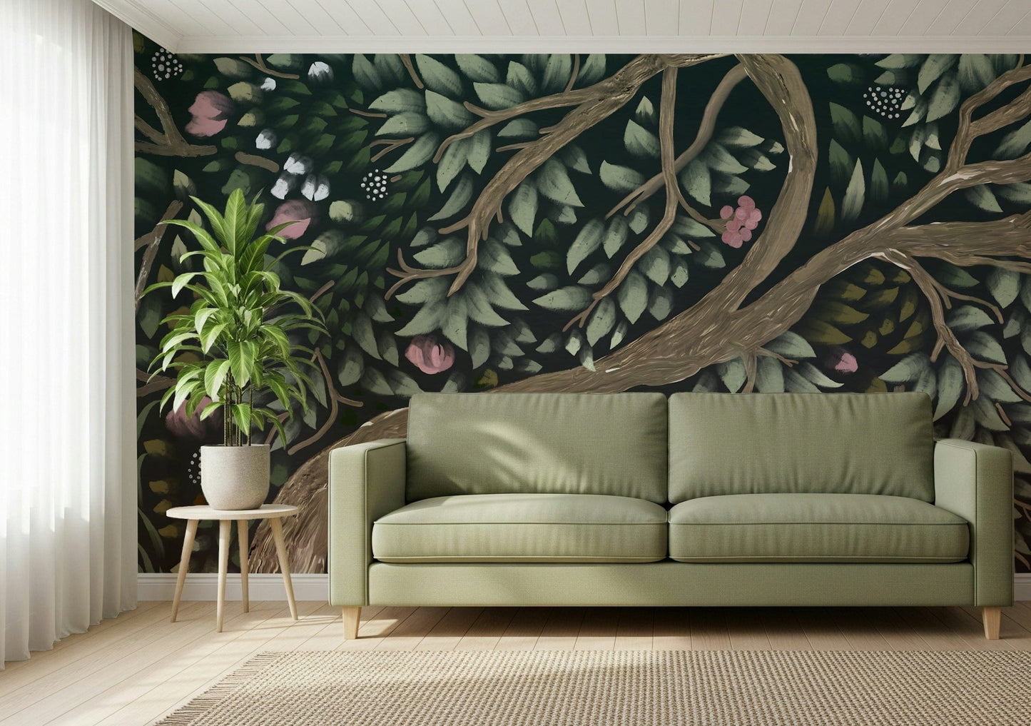 Forest's Embrace Wall Mural in bedroom, calming trees scene, wall backdrop