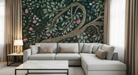 Woodland mural in reading nook, gentle green tones, minimalist décor