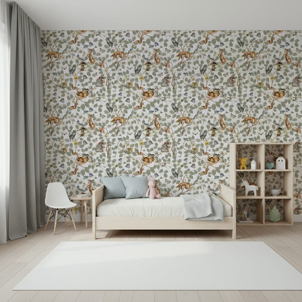 Forest Friends' Chinoiserie Foliage Wallpaper in home office, soft color leaves feature wall
