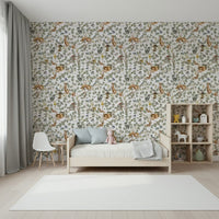 Forest Friends' Chinoiserie Foliage Wallpaper in home office, soft color leaves feature wall