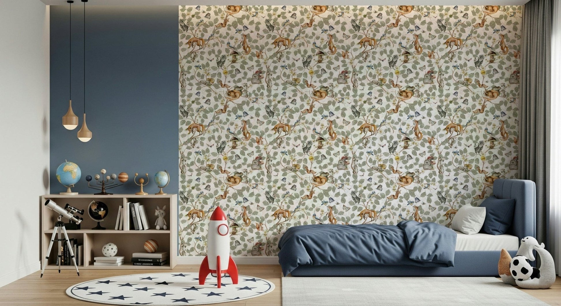 Accent wall with Forest Friends' Chinoiserie Foliage Wallpaper, muted green-blue tones