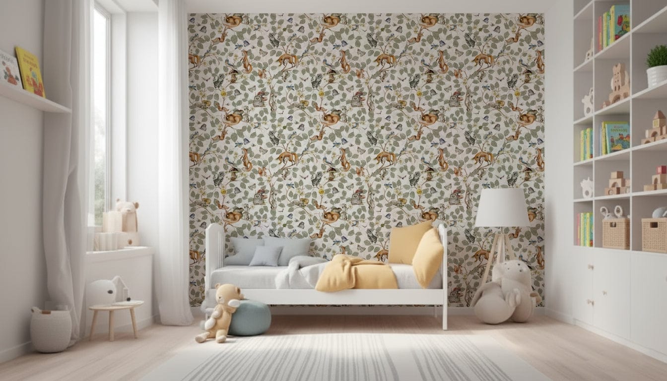 Botanical chinoiserie mural behind sofa, modern apartment lounge, calm green-blue palette