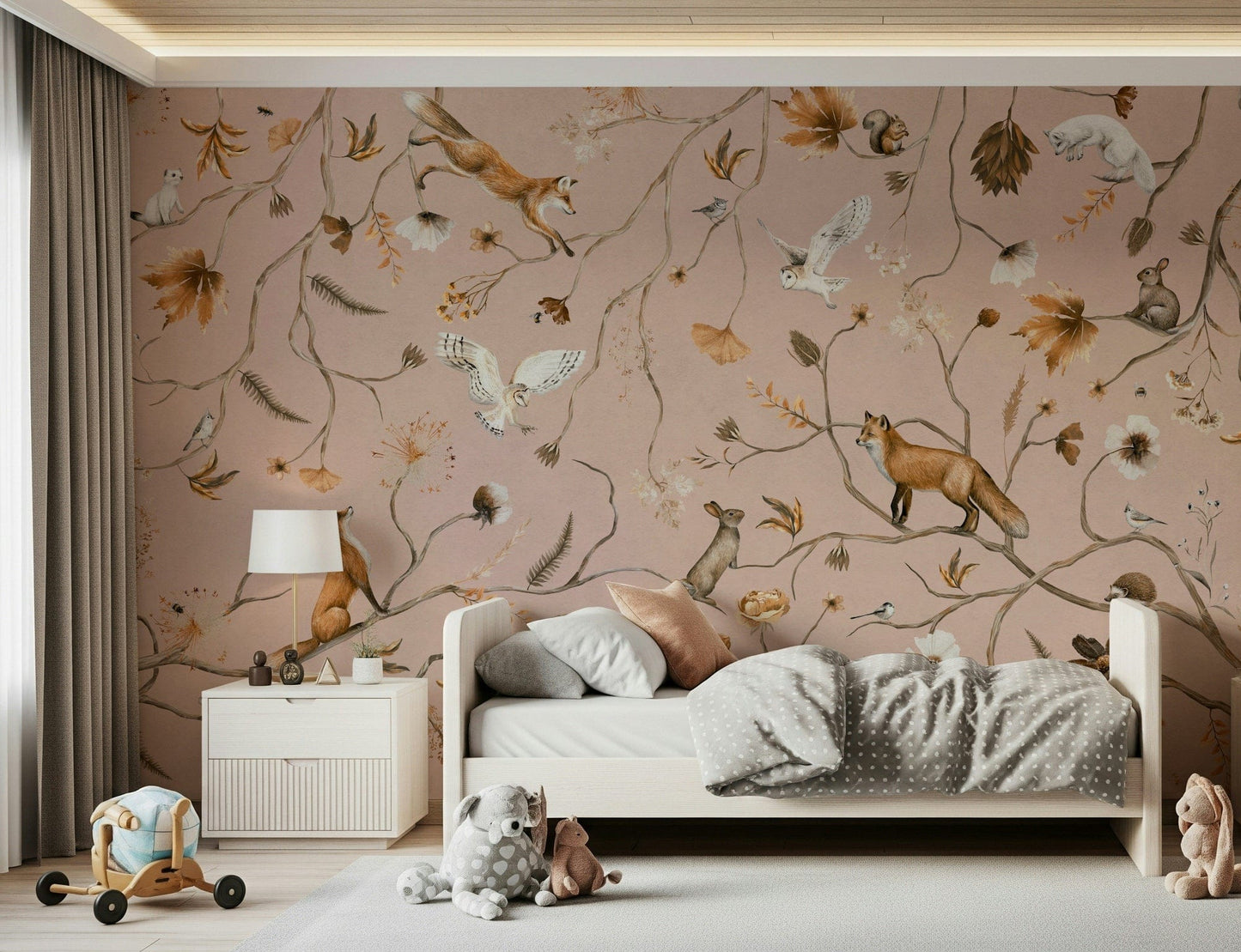 Detailed mural of forest creatures in a charming fable-like environment